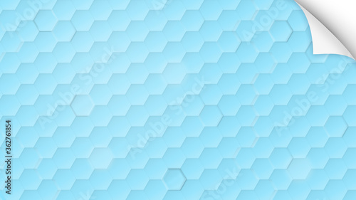 Transparent hexagon pattern on light blue and turquoise background with curled corner of paper. Simple abstract modern background in 4k resolution.