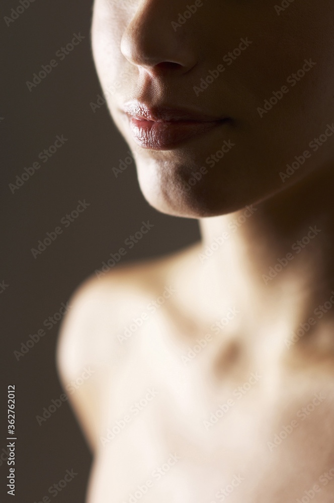 Close-up of a woman's face and chest Close-up of a woman's face and chest