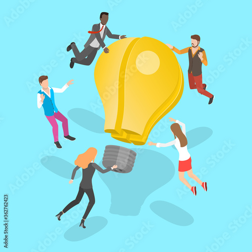 3D Isometric Flat Vector Concept of Idea Searching and Teamwork, Brainstorming and Business Collaboration.