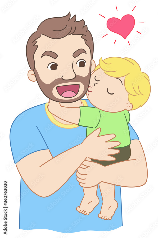 A little boy closes his eyes while kissing his father's cheek. An adult hugs the child and both look very happy. A little boy closes his eyes while kissing his father's cheek. An adult hugs the child and both look very happy.