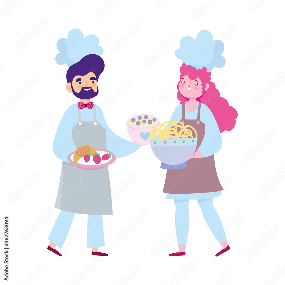stay at home, male and female chef with food in hands cartoon, quarantine activities stay at home, male and female chef with food in hands cartoon, quarantine activities