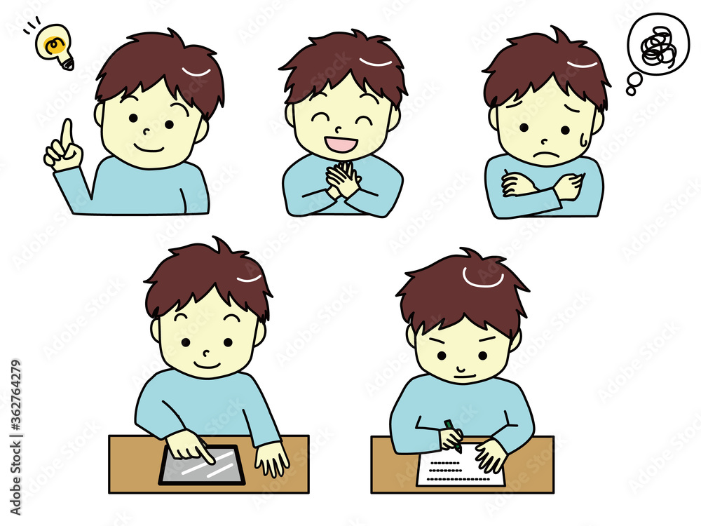 Vector illustration of boys studying.5 patterns.
(idea,smile, worry, tablet operation, writing) Vector illustration of boys studying.5 patterns.
(idea,smile, worry, tablet operation, writing)