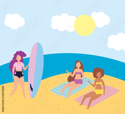 summer people activities, girls resting in the towels and woman with surfboard, seashore relaxing and performing leisure outdoor