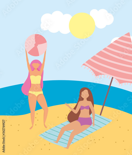 summer people activities, girl with ball and woman resting on towel, seashore relaxing and performing leisure outdoor