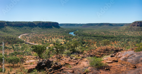 Panoramic view of Victoria river from Escarpment Walk. Rocky landscape, dry season. Road from Northern Territory to Western Australia. Elsey national park, Northern Territory NT, Australia
