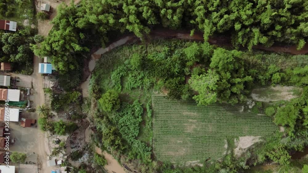 A little river polluted by plastic close to a village in Cambodia - Aerial drone footage A little river polluted by plastic close to a village in Cambodia - Aerial drone footage