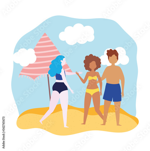 summer people activities, couple and woman with umbrella in the beach, seashore relaxing and performing leisure outdoor