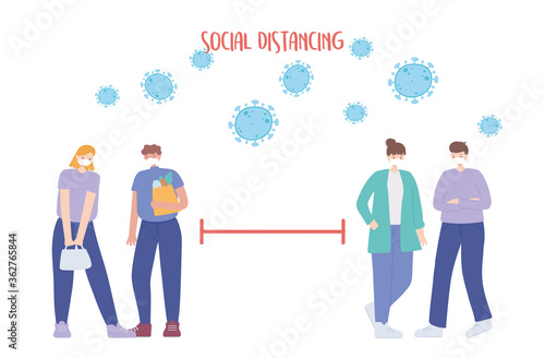 covid 19 coronavirus social distancing prevention, couples making different activities keep distance, people with medical face mask