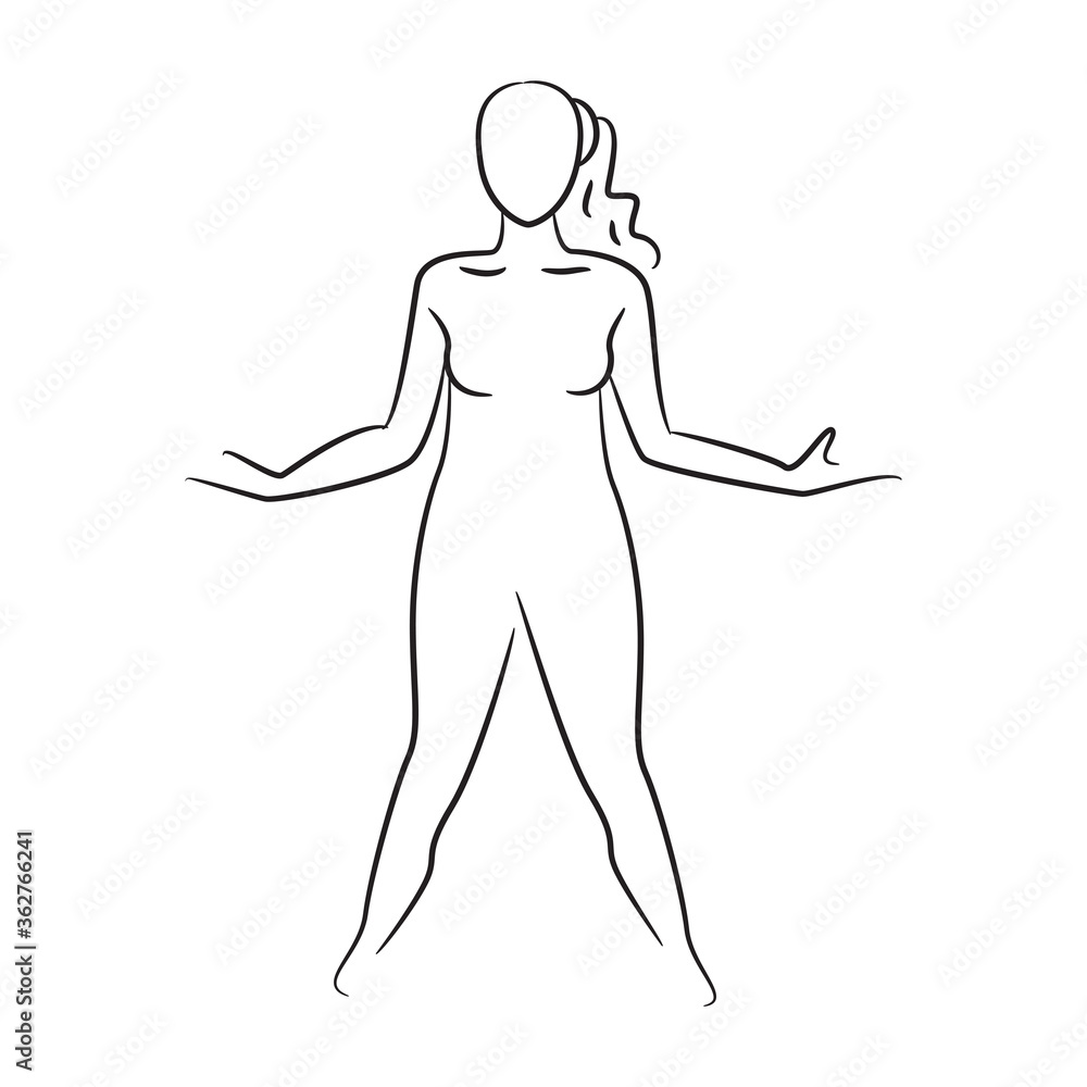 hand drawn sketch line beauty woman body, fashion model on white background