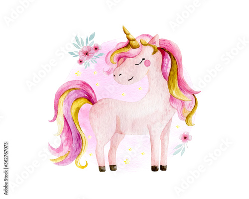 Isolated cute watercolor unicorn and flowers clipart. Nursery unicorns illustration. Princess unicorns poster. Trendy pink cartoon horse. photo