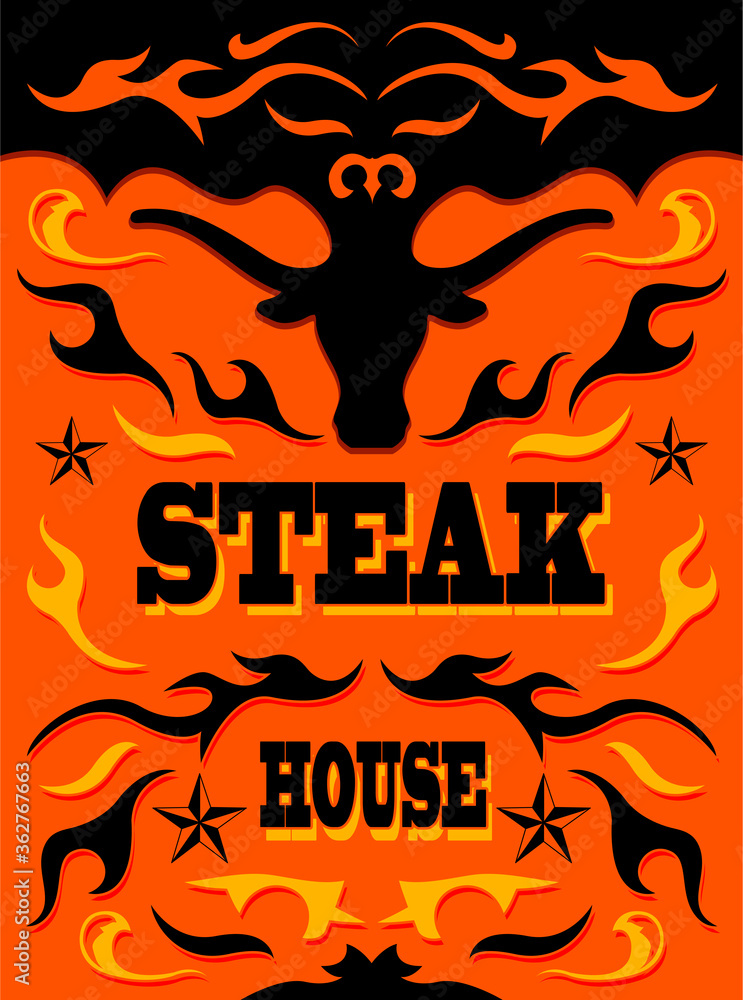 Steak House Restaurant Menu Design, Wild West style vector cover.
