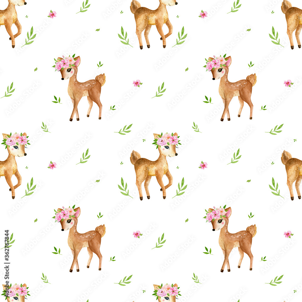 Cute watercolor baby deer animal seamless pattern, nursery isolated illustration for children clothing, patterns. Watercolor Hand drawn image Perfect for phone cases design, nursery