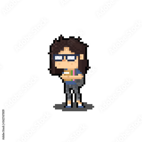 Pixel art cartoon nerd girl holding a lot of book character design.