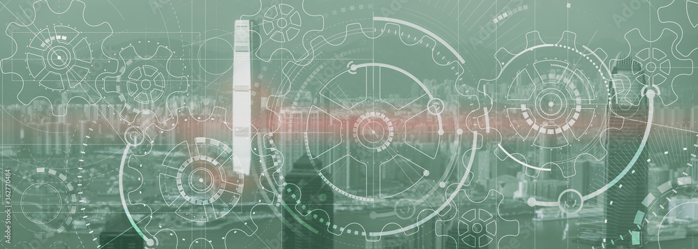 Obraz premium Business technology concept. Cogwheel Gears Mechanism with modern city view. Website panoramic header background.