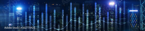 Modern Business Finance Chart Overlaid on Hong Kong Skyline at Night. Up and down arrow.