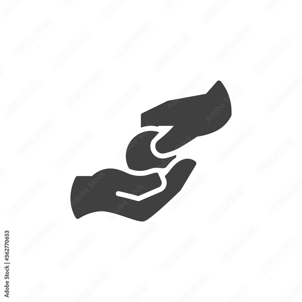 Money donation hand vector icon. filled flat sign for mobile concept and web design. Hand give coin glyph icon. Symbol, logo illustration. Vector graphics Money donation hand vector icon. filled flat sign for mobile concept and web design. Hand give coin glyph icon. Symbol, logo illustration. Vector graphics