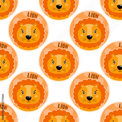 Seamless pattern animal lion face. Funny head muzzle