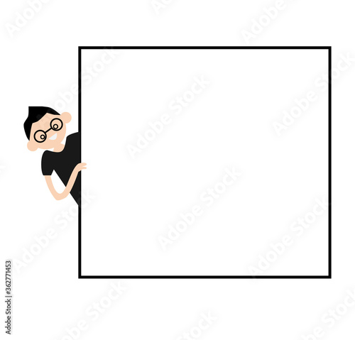 boy holding blank sign. your text here. boy peeping from behind a blank board mock up.