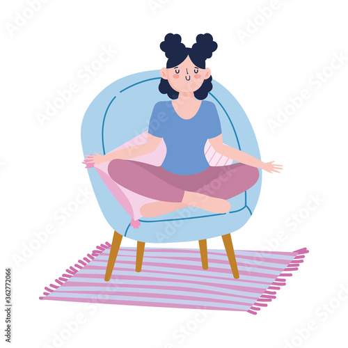 stay at home, girl in meditation yoga pose on chair, self isolation, activities in quarantine for coronavirus