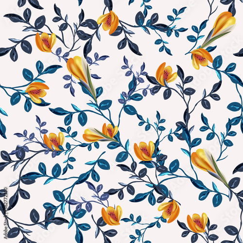 Vintage vector seamless floral pattern with blue leaves and flowers