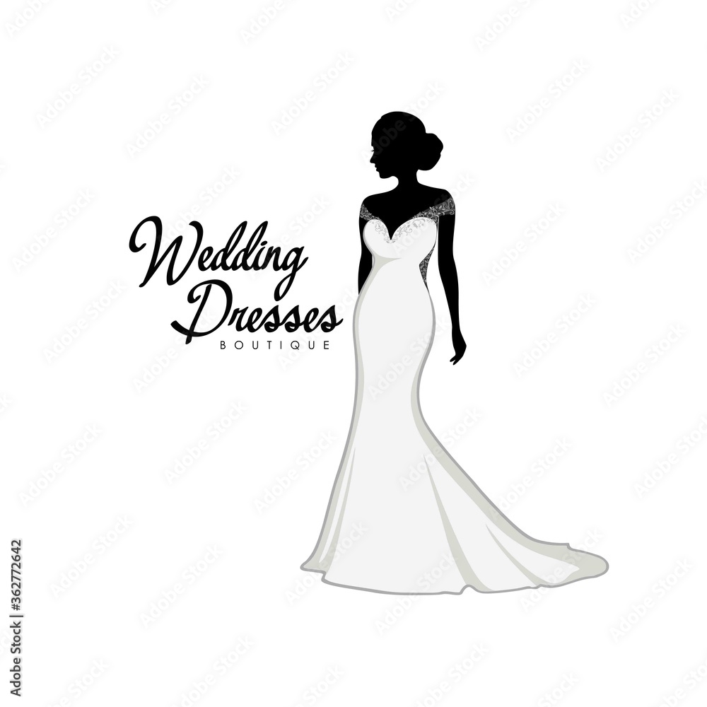 Beautiful Bride with Brocade Gown, Bridal Boutique Logo, Bridal Gown Logo Vector Design Template