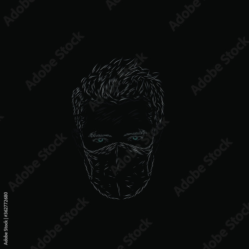 a man wearing medical mask line pop art potrait logo colorful design with dark background. Isolated black background for t-shirt, poster, clothing, merch, apparel, badge design