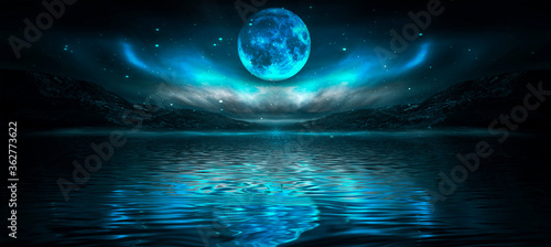 Fantasy night landscape seascape with mountains and islands. Futuristic neon light, night sky, reflection in the water of light, moonlight. 