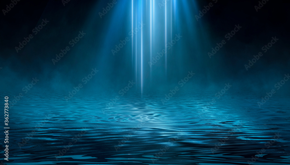 Dark modern futuristic neon background. Rays and lines of light. Night view of an empty scene with neon lights. Reflection in the water of bright light. 