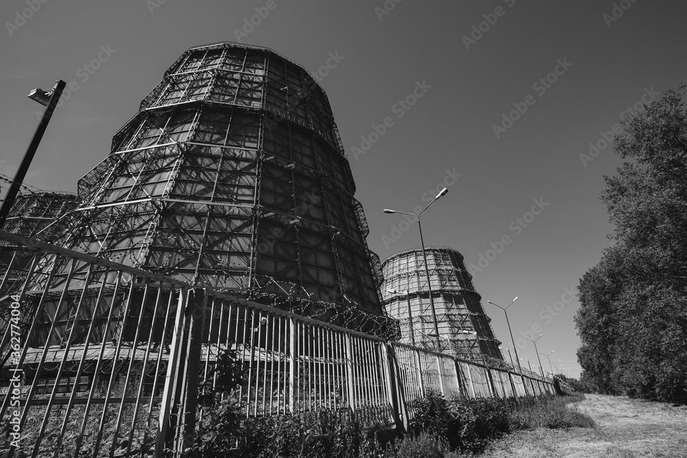 Fototapeta premium Black and white photo from the bottom of a thermal power stations