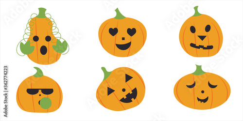 Fototapeta Naklejka Na Ścianę i Meble -  Halloween elements. Pumpkin head with different emotions. Set of icon, sticker and smiles.  Spooky creepy pumpkins in flat style
