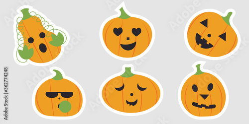 Halloween elements. Pumpkin head with different emotions. Set of icon, sticker and smiles. Spooky creepy pumpkins in flat style