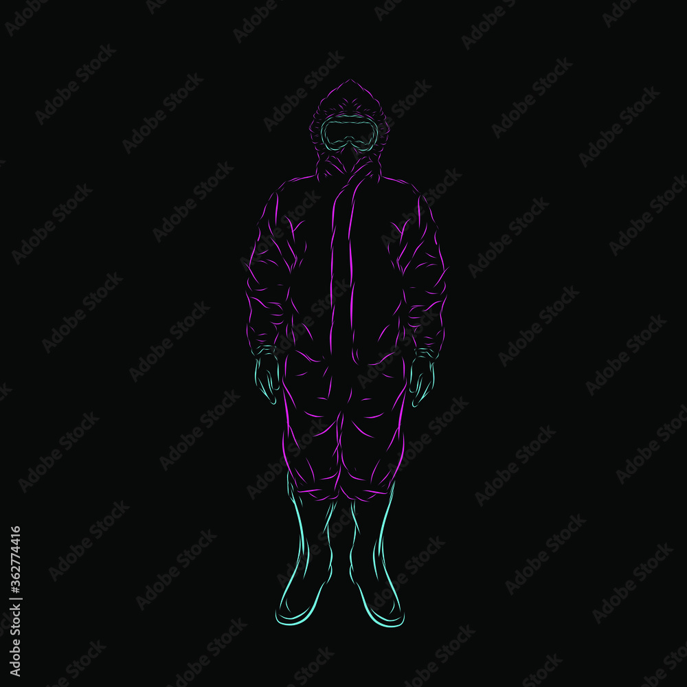 the hazmat gas medical suit line pop art potrait logo colorful design with dark background. Isolated black background for t-shirt, poster, clothing, merch, apparel, badge design the hazmat gas medical suit line pop art potrait logo colorful design with dark background. Isolated black background for t-shirt, poster, clothing, merch, apparel, badge design