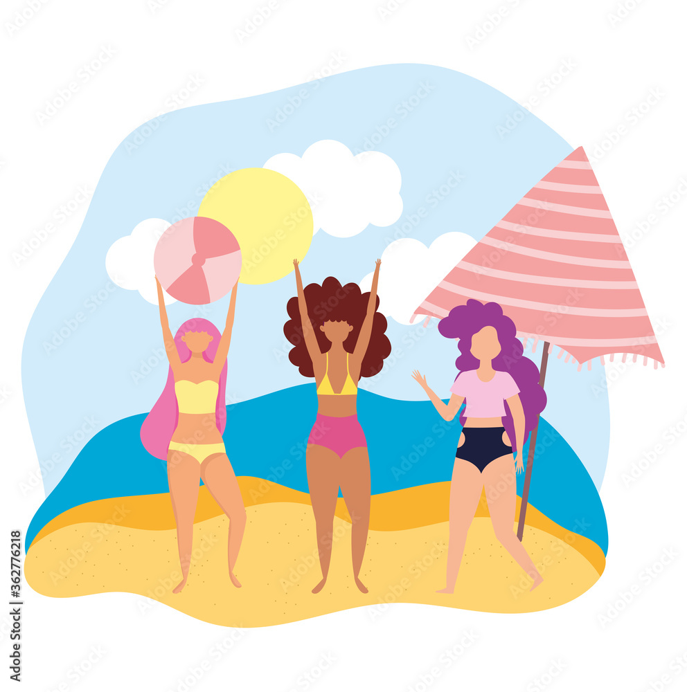 summer people activities, funny girls with beach ball and umbrella, seashore relaxing and performing leisure outdoor summer people activities, funny girls with beach ball and umbrella, seashore relaxing and performing leisure outdoor