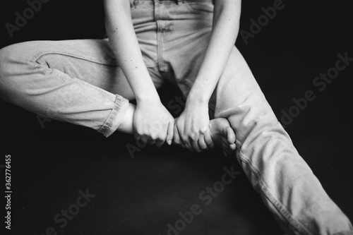 Details of body of beautiful girl, fashion and art, authentic black and white photo shoot