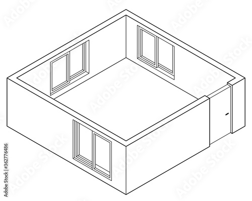 窓と扉が閉まった何も無い部屋　密室空間　白黒