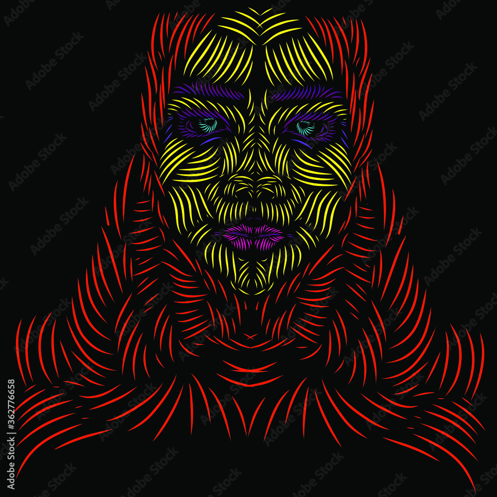 the moslem islamic arabic woman line pop art potrait logo colorful design with dark background. Isolated black background for t-shirt, poster, clothing, merch, apparel, badge design