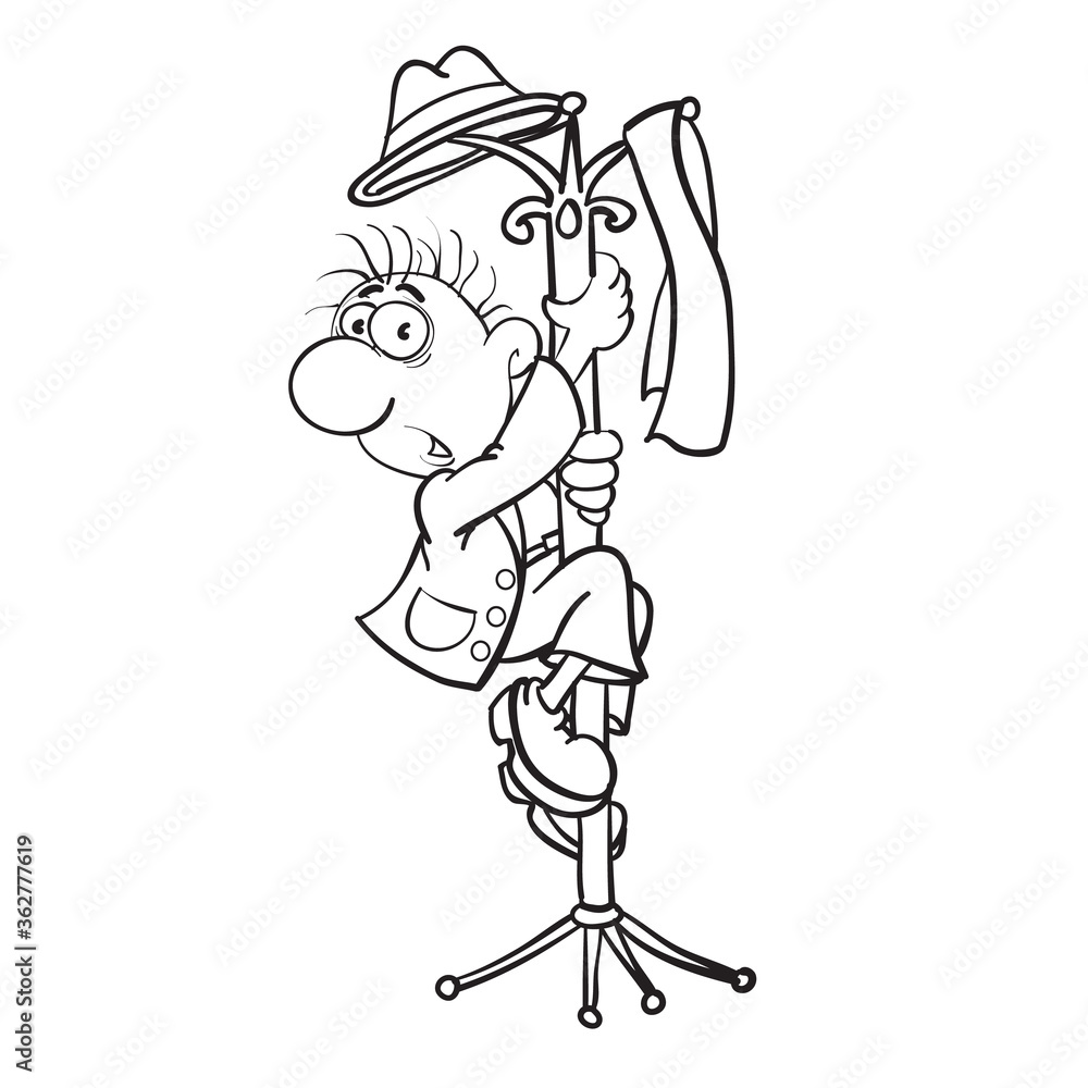 cartoon of a man who climbed onto a hanger with clothes with a fright, sketch, isolated object on a white background, vector illustration, cartoon of a man who climbed onto a hanger with clothes with a fright, sketch, isolated object on a white background, vector illustration,