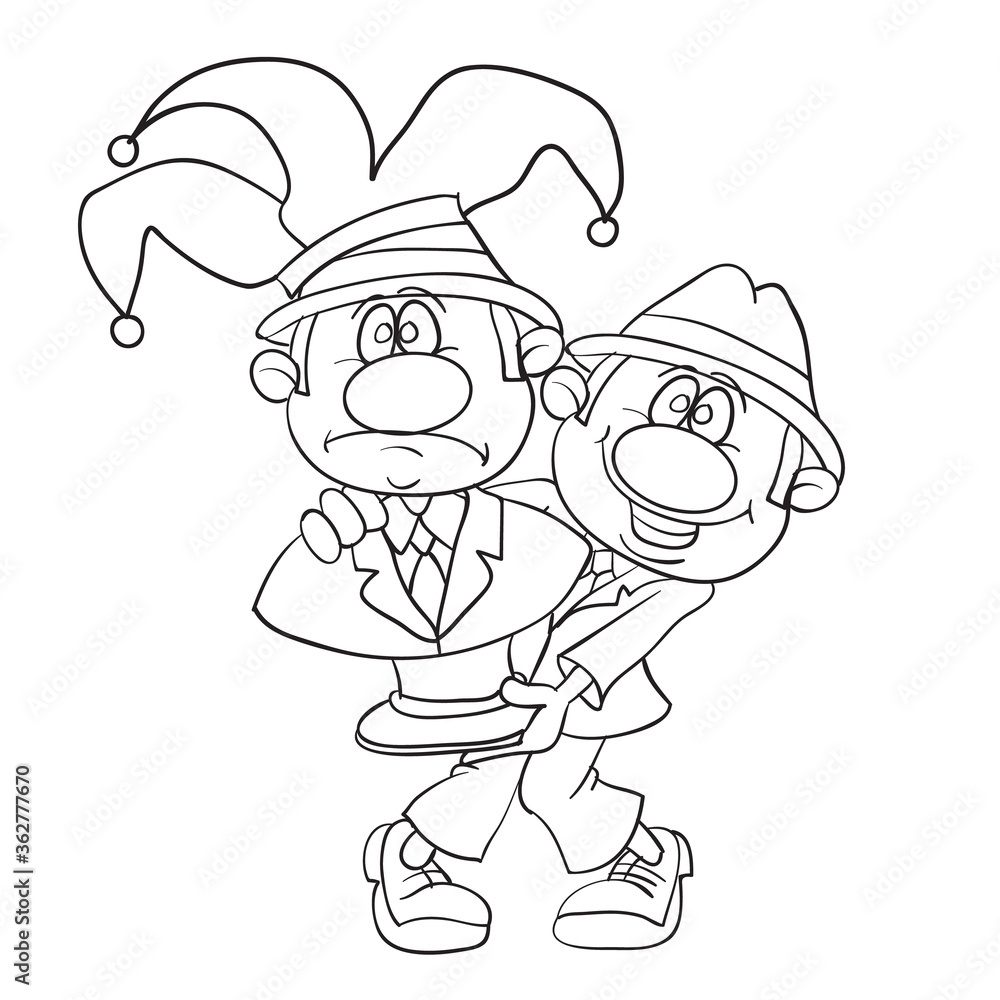 caricature of a man who holds in his hands a bust of himself with a clown hat, sketch, isolated object on a white background, vector illustration,