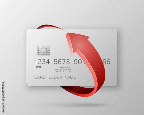 Credit card in round arrow. Update banking icon. Plastic card software. Debit card with electromagnetic chip. Electronic funds transfer. Protection of financial data. Electronic money and investments