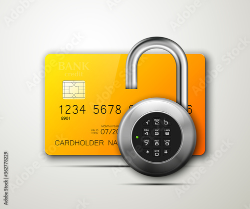 Credit card safe combination lock. Protection credit card. Safety badge banking. Defense finans. Security Plastic card software. Debit card electromagnetic chip Privacy Electronic money funds transfer