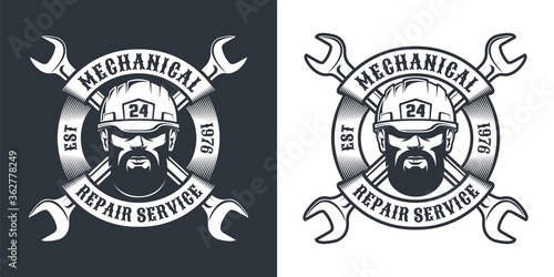 Repair service retro emblem with beard man in hard hat, spanner and ribbon. Industrial vintage logo. Vector illustration.
