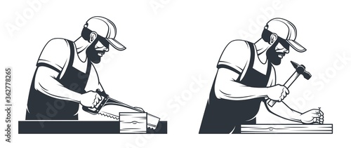 Carpenter with hammer and nail. Worker sawing wood plane. Vector vintage illustration.