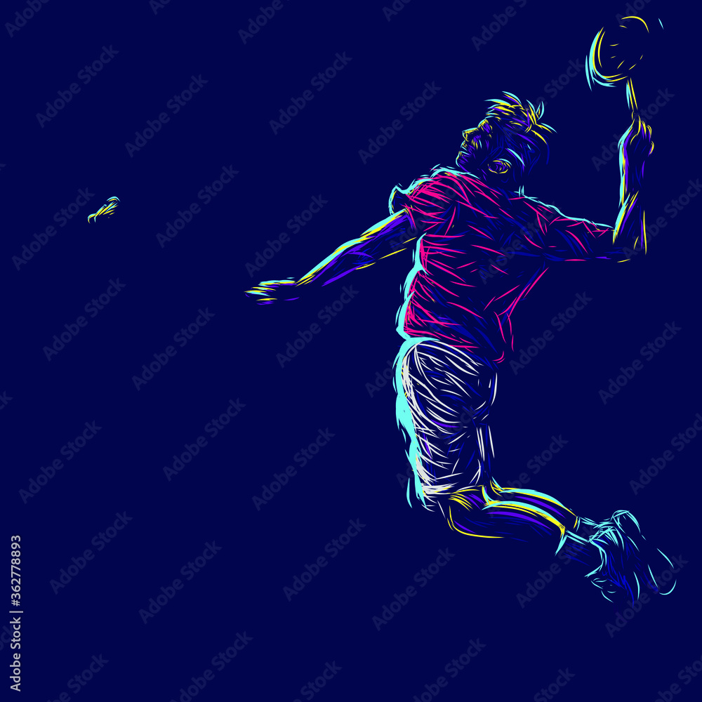 Badminton men smash line pop art potrait logo colorful design with dark background. Abstract vector illustration. Isolated black background for t-shirt, poster, clothing, merch, apparel, badge design