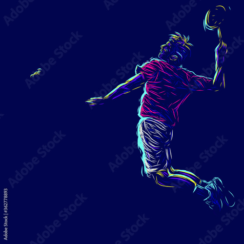 Badminton men smash line pop art potrait logo colorful design with dark background. Abstract vector illustration. Isolated black background for t-shirt, poster, clothing, merch, apparel, badge design