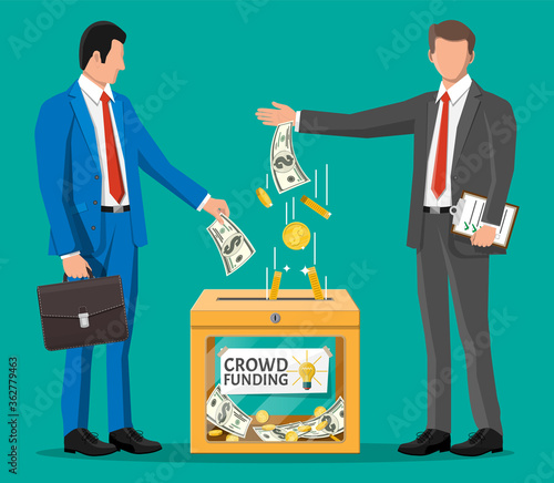 Business people near donation box and money. Funding project by raising monetary contributions from people. Crowdfunding concept, startup or new business model. Vector illustration in flat style