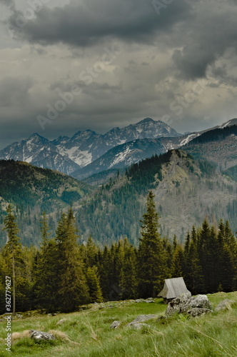 Poland Tatra Mountains. View of the High Tatras from Rusinowa Polana.