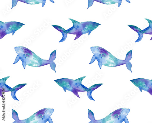 Hand Painting Abstract Watercolor Pastel Colors Whale and Shark Sea Creatures Repeating Pattern Isolated Background