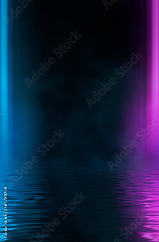 Empty futuristic dramatic fantasy scene. Night marine, underwater abstract background. Abstract dark landscape, street wet, smoke, smog. Neon blue light fluid element. 3D illustration © MiaStendal