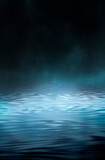 Empty futuristic dramatic fantasy scene. Night marine, underwater abstract background. Abstract dark landscape, street wet, smoke, smog. Neon blue light fluid element. 3D illustration