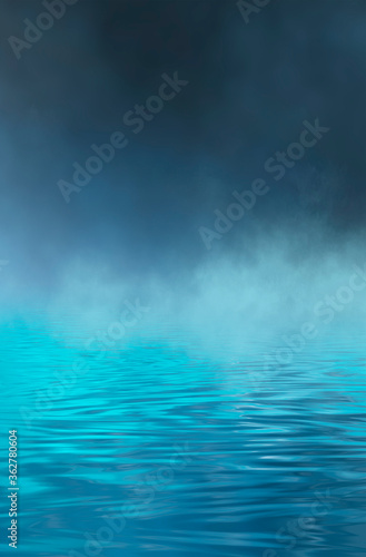Empty futuristic dramatic fantasy scene. Night marine, underwater abstract background. Abstract dark landscape, street wet, smoke, smog. Neon blue light fluid element. 3D illustration
